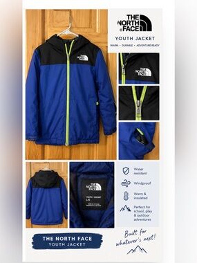 The North Face Kids Blue and Black Hooded Puffer with Neon Zipper